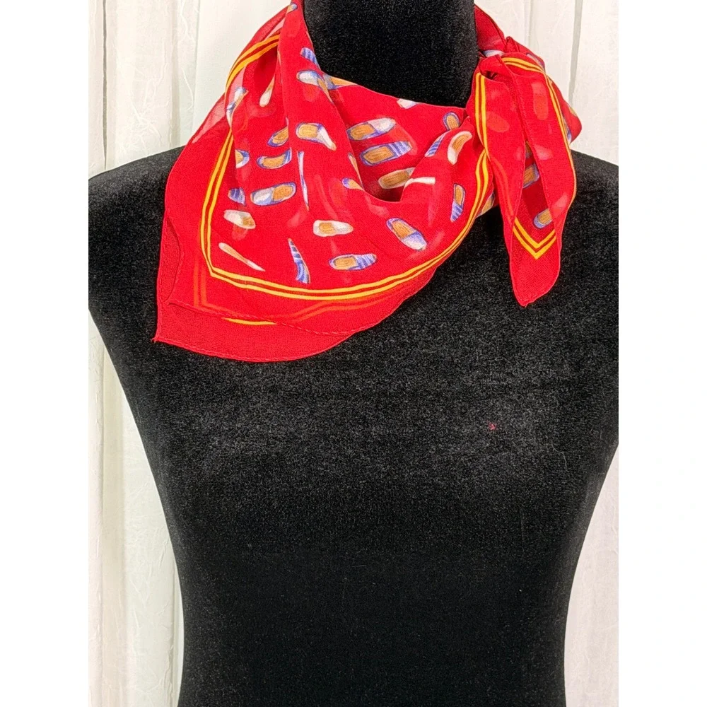 Echo Red 100% Silk Square Scarf Whimsical Shoe Print Loafer Pattern Chiffon